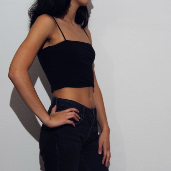 Mendocino Cropped Tight Black Spaghetti Strap Tank Top S Small - Picture 1 of 2